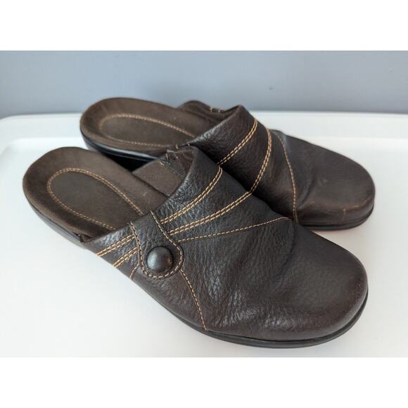 Clarks Womens Size 7.5 M Brown Leather Clogs Mules Slip On Comfort Shoes Chunky - Picture 1 of 6
